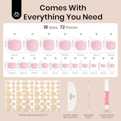 Beetles Toe Nail Press Ons Short French Tip Press On Toenails 72PCS Kit - color: 1B - French in Pink Base - S