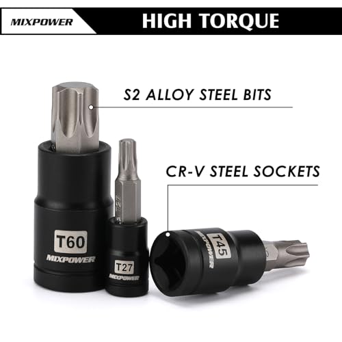 MIXPOWER 32PCS Torx Bit Socket Set, 14 Star Bits (T8-T70)& 13 E-Torx Sockets (E4-E24), CR-V & S2 Alloy Steel - size: T8-T70,E4-E24(32PCS)