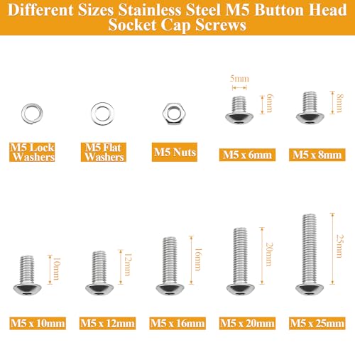 245 Pieces M5 Screws Nuts Washers Set, Sutemribor M5 x 6/8/10/12/16/20/25mm Button Head Socket Cap Screws Nuts Washers Assortment Kit, 304 Stainless Steel, Fully Threaded - size: M5, style: Button Head Socket Cap