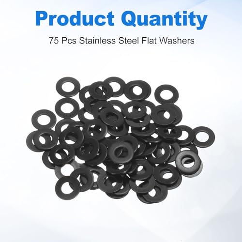 uxcell 75Pcs M6 304 Stainless Steel Flat Washers, ID 6mm, OD 14mm, Thickness 1mm Round Metal Washers for Screws Bolts, Outdoor Construction, Black - size: M6*14*1mm
