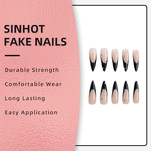 SINHOT Stiletto Press on Nails - Long Fake Nails, Glossy Finish, 3D Rhinestones & Black French Tip, DIY Artificial False Nail Art - 24 Pcs Nail Kit with Glue