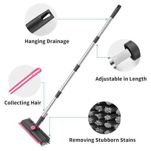 AIR U+ Floor Scrub Brush with Long Handle, 3-in-1 Rotating Head & Squeegee - color: Gray and Pink, size: 1 PACK