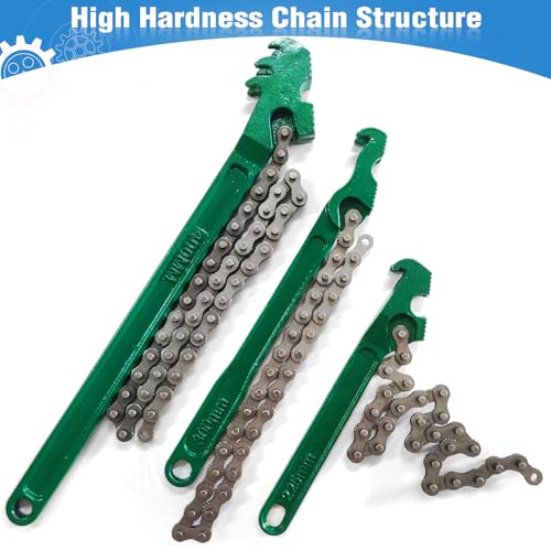 3 Pcs Heavy Duty Chain Wrench, 9 Inch 12 Inch 16 Inch Adjustable Oil Filter Chain Wrench Fits 1.5 Inch to 8 Inch Diameter for Pipe Car Repair (Green)