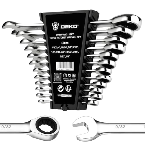 DEKOPRO 12-Piece Ratcheting Wrench Set SAE 1/4'' to 7/8'', Fixed Head Combination Wrenches Set with Rack Organizer, Cr-V Steel, 12 Point 72 Teeth - size: SAE-12 pcs