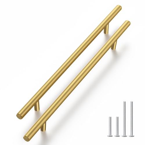 Haliwu 30 Pack 8in Gold Cabinet Handles for Kitchen Cabinet Handles | Stainless Steel, Gold Handles for Cabinets, Round T-Bar Shape, Brushed Gold Cabinet Pulls, Screws Included - size: 8-1/16 inch hole center