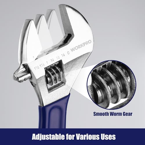 WORKPRO 4-Piece Wide Jaw Adjustable Wrench Set, 6"-12", Chrome Plated - color: Blue