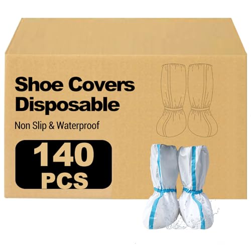 140 Pcs(70 Pairs) Hazmat Shoe Covers Disposable & Boot Foot covers,Reusable,Non-slip,Waterproof for booties White 18inches Tall - color: White_pack of 140