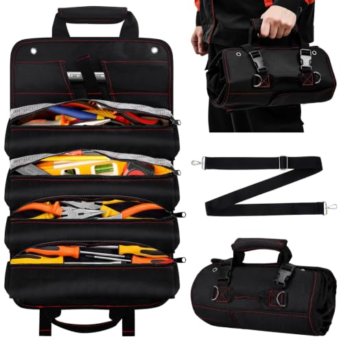 13-Pocket Roll Up Tool Bag with Clear and Mesh Pouches, Black