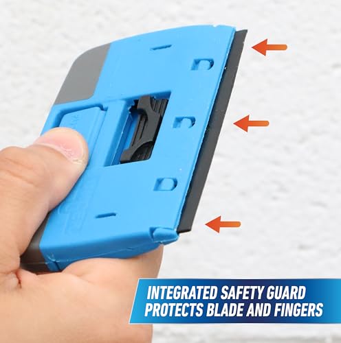Unger Professional Compact 4” Window and Glass Scraper, Reversible Razor Blade Tool with Retractable Safety Guard, Use for Residue, Stickers, Glue, and Paint on Smooth Surfaces
