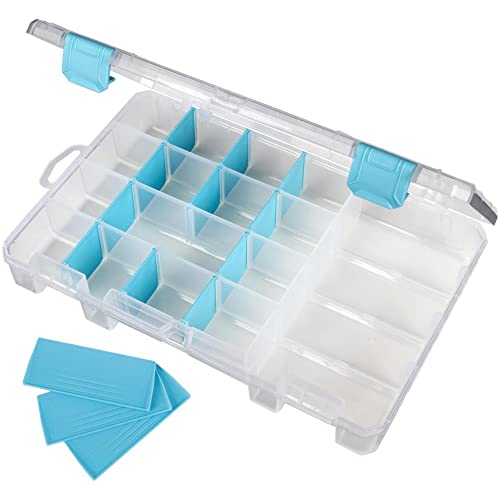 ArtBin 6944AG Medium Anti-Tarnish Box with 15 Removable Dividers, Jewelry & Craft Organizer, 1 Plastic Storage Case with Anti-Tarnish Technology, Clear with Aqua Accents 10.875” x 7.0” x 1.75”