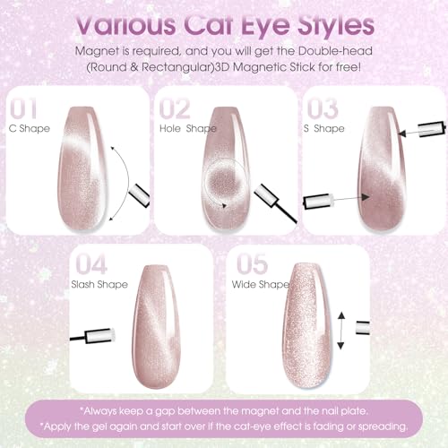 ROSALIND 30pcs CatEye Gel Nail Polish Set with Gel Base Top Coat and magnet | 26 Colors Glitter Cat Eye Gel Nail Polish with Magnet ,Glossy Matte Glitter Top Coat,Base Coat,Soak Off Gel Gift for Women - color: Dream Cateye