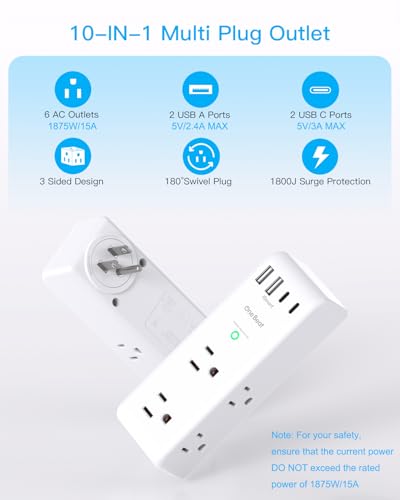 2 Pack Surge Protector Outlet Extender, Rotating Plug USB Wall Outlet,White - color: White, size: 2C2A, 2 Pack