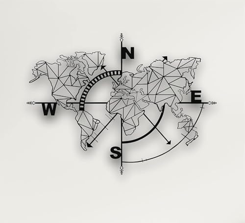 Metal World Map Wall Art Geometric Compass, Wall Decor Art Work, Metal Sign, Home Living Room Decoration, Black (55"W x 41"H / 140x104 cm) - size: 55"L x 41"W