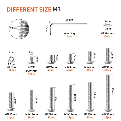 630PCS M3 x 4/5/6/8/10/12/14/16/18/20/25mm Button Head Socket Cap Screws Bolts and Nuts Flat Washers Assortment Kit, 304 Stainless Steel, Metric Machine Fully Thread, Allen Hex Drive - size: M3 Button Head (630PCS)