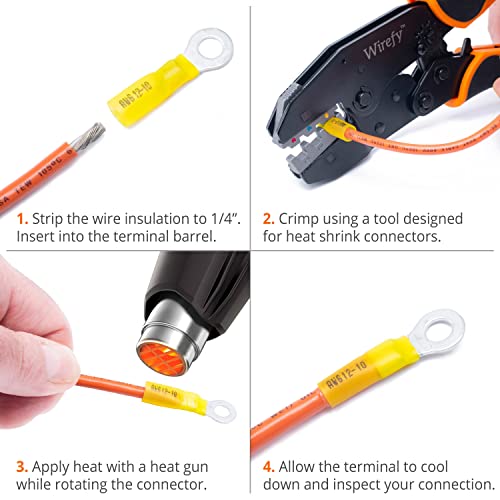 Wirefy 90 PCS Heat Shrink Ring Terminals 3/8" - a Resistant Ring Connectors - Eyelet Wire Connectors - Yellow 10-12 AWG