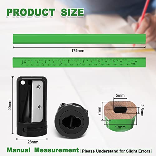Honoson 200 Pcs Flat Construction Pencils with Printed Ruler Wood Graphite 2 Pcs Carpenter Pencil Sharpener for Woodworking Marking Tool(Green) - color: Green