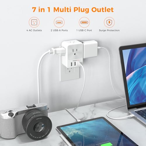 TESSAN Surge Protector Wall Outlet Extender, Multi Plug Outlet Splitter - color: Grey, size: 2 USB-A+1 USB-C