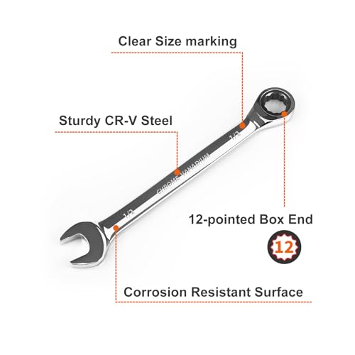 Egofine 1/2 inch Ratcheting Combination Wrench SAE, Industrial Grade Gear Spanner with 12-Point Design, 72-Tooth Ratchet, Chrome Vanadium Steel - size: 1/2"