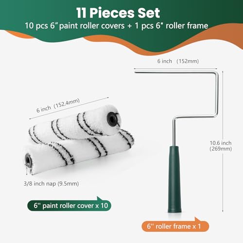 Paint Roller Covers, 10 Pack, 6 Inch, 3/8 Inch Nap - size: 6 inch paint roller 10 pack