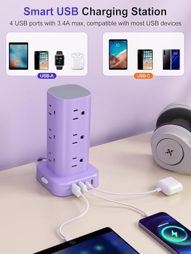 6FT Power Strip Tower Surge Protector, 12 Wide Spaced Outlets, 4 USB - color: Purple, size: 6FT without Wireless Charging