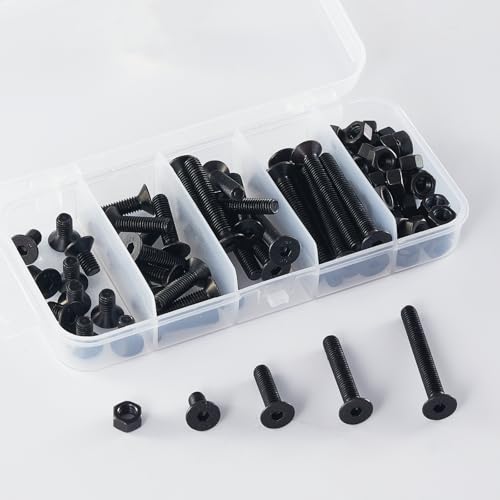 M5 x 10mm 20mm 30mm 40mm, Flat Head Hex Socket Cap Screws Bolts, Countersunk Bolts and Nuts, 10.9 Grade Alloy Steel, Black Oxide, Metric Allen Drive, Fully Thread, Assortment Kit 80PCS - size: M5x10-40mm+Nuts