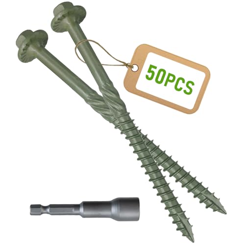 [Pack of 50] #14 x 6 Wood Structural Screws, Green Coated Heavy Duty Hex Head Timber/Log/Landscaping Wood Screws, Rust Resistant, Hex Socket Included - color: Green, size: #14 x 6"