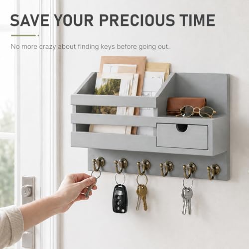 FifthQuarter Key Holder for Wall with Drawer and 6 Sturdy Hooks, A-Grey - color: A-Grey