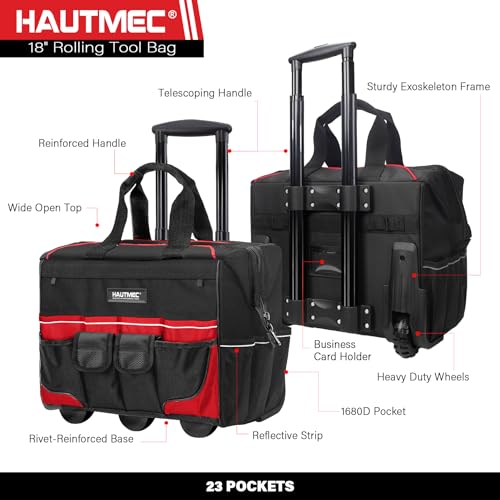 HAUTMEC 3-Piece Rolling Tool Bag Set, 18" Wheeled Tool Bag, 15" Open Top Tool Tote & 12" Wide Mouth Small Bag, Heavy-Duty 1680D Water-Resistant Tool Storage with Off-Road Wheel & Telescoping Handle - style: 3-Pcs Set | Black