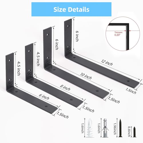6 Pack Heavy Duty 8 Inch Black Shelf Brackets, L Shelf Bracket 8 Inch for Floating Shelves, 1/5-Inch Thick - color: Black 6Pack, size: 8 Inch
