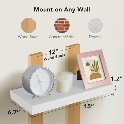 AMADA HOMEFURNISHING Floating Shelves Wall Mounted, 15 x 7 Inch Wall Shelves for Bathroom, Bedroom, Living Room, White Shelves Set of 2 | Wall Shelves with Hidden Bracket, Solid MDF Wood, 22 lbs Max Load per Shelf, Easy to Assemble, Multi-Wall Compatible