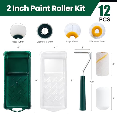 Paint Roller Kit, 12 Pack, 2 Inch Mini Paint Roller with Trays