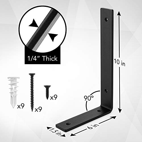 Heavy-Duty Shelf Brackets - Premium Construction Grade 1/4" (6mm) Thick Steel - Matte Black Iron Finish for Modern Farmhouse Rustic Open Shelving w/ Hardware, 4-Pack (L Bracket 10" x 6") - size: 10" x 6", style: L Bracket