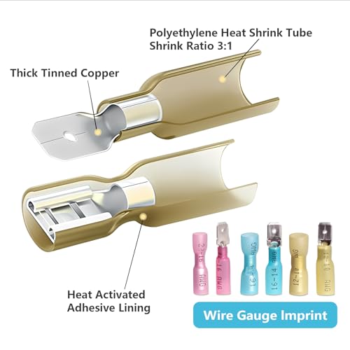 Heat Shrink Spade Connectors Kit 22-16 16-14 12-10 AWG Male and Female Electrical Wire Connector Insulated Quick Disconnect Spade Terminals for Marine Automotive Wiring (Pack of 100Pcs)