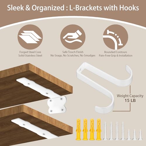 SOGAL 5 Inch Shelf Brackets with 4 Hooks, White Floating Shelf Bracket Invisible Supports 4 Pack - color: White, size: 5 Inch