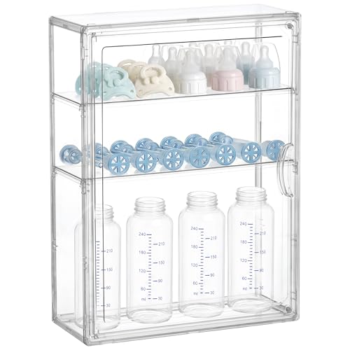 HBlife Baby Bottle Storage Organizer for Countertop Cabinet, 3 Tiers Adjustable Clear Acrylic Bottles Storage Station Case Box Container with 2 Removable Dividers and Magnetic Door, Medium - size: Medium, style: 3-Tier Single Door
