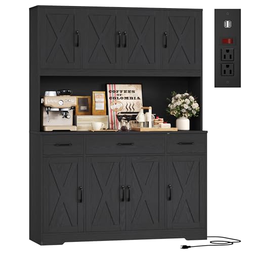 HOSTACK 71" H Kitchen Pantry Cabinet, 55" Kitchen Hutch, Black Wood Grain | Large Pantry Cabinet with Charging Station / Countertop / 3 Drawers, Farmhouse Hutch Cabinet with Storage for Dining Room - color: Black Wood Grain