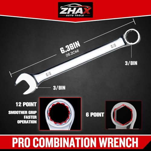zhax 3/8" SAE Combination Wrench, 12 Point Box End, 15 Degree Offset Design, Mirror Polish Finish, Forged CR-V Steel, Hand Tools for Mechanics, Ideal for Auto and Home Repair - size: 3/8"