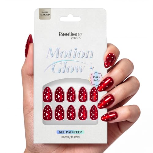 Beetles Red Press On Nails Short Almond, Halloween Cat Eye Polka Dot - color: 2C - Polka Ruby - S