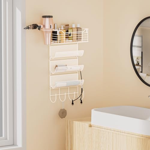 4 Tier Hair Tool Organizer Wall Mount, curling iron holder Basket, White - color: 5 Tiers White