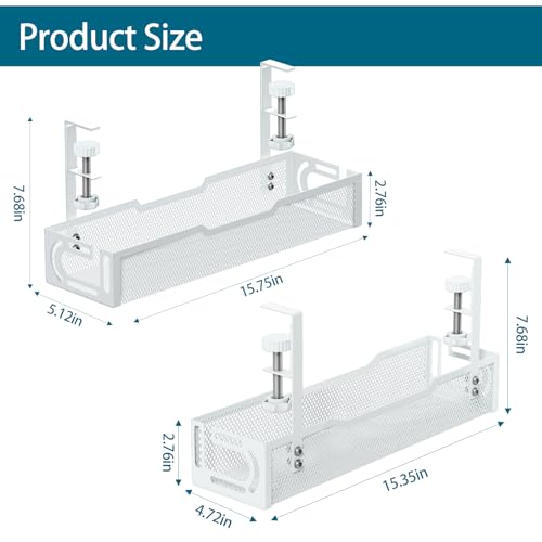 2Pack Under Desk Cable Management Tray, No Drill Mesh Desk Cable Tray - color: 2Pack-White (15.3''+15.7'')