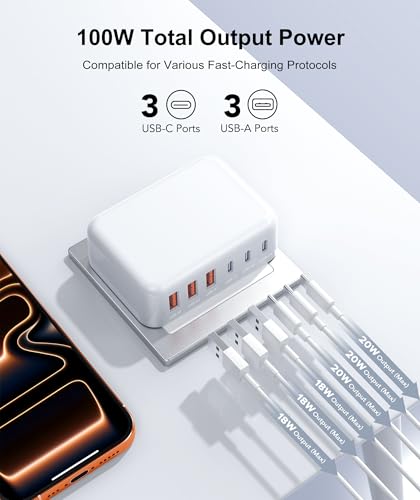 Fast Charger Block, 100W Max Output 6-Port USB C Charging Station Hub Cube - color: White