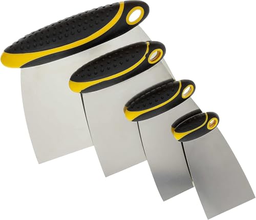 4-Piece Set of Stainless Steel Body Filler and Putty Spreaders/Scraper Set with Handles - Sizes: 2", 3", 4" and 6" | Repairing Drywall, Removing Wallpaper, Applying Putty, Plaster, Cement, Adhesive