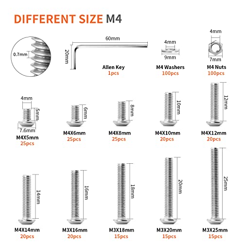 400PCS M4 x 5/6/8/10/12/14/16/18/20/25mm Button Head Socket Cap Screws Bolts and Nuts Flat Washers Assortment Kit, 304 Stainless Steel, Metric Machine Fully Thread, Allen Hex Drive - size: M4 Button Head (400PCS)