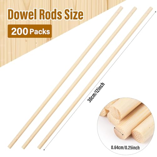 200Pcs Wooden Dowel Rods,1/4 x 12 Inch Precut Wooden Rod Sticks - size: 1/4" x 12"