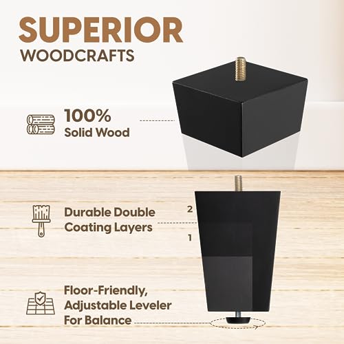 Yes4All 4 Inches Square Black Solid Wood Furniture Legs Set of 4, Heavy Duty 800 Lbs Capacity Furniture Legs with Leveler, Replacement Legs for Furniture, Couch, Sofa, Dresser, Ottoman - color: Square Black, size: 4 inch