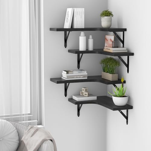 ROMGUAR CRAFT Corner Floating Shelves Wall Mounted Set of 4, Black - color: Black