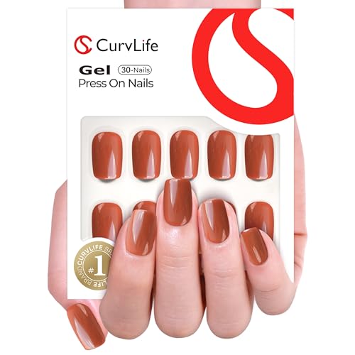 CurvLife Short Square Fall Press On Nails, Orange Red Solid, Soft Gel - color: Orange Red Solid