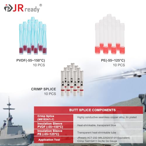 JRready 10Sets IP68 Waterproof Heat Shrink Butt Splice Kit MiniSeal Environmental Splice Connector 26-20 AWG (D-436-36 M81824/1-1) Copper Barrel Crimp Crimp Butt Connectors with PVDF/PE Tube - color: 20#Red-10Sets