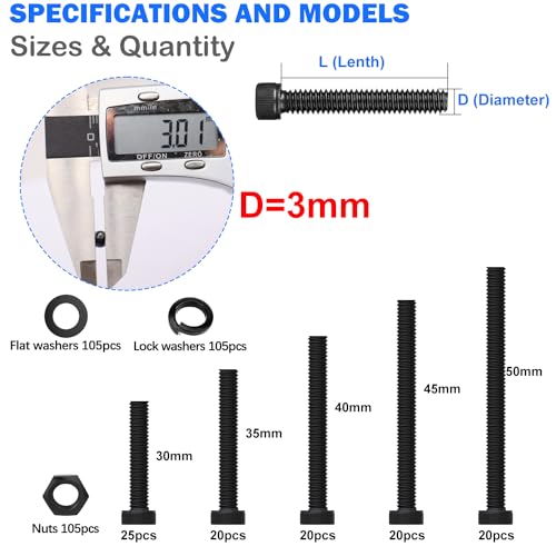 mxuteuk 420PCS M3 Screws,M3x30/35/40/45/50mm Hex Socket Head Cap Screws Bolts Nuts Kit,12.9 Grade Alloy Steel M3 Bolts with Hex Wrench - size: 420PCS M3 x 30/35/40/45/50mm