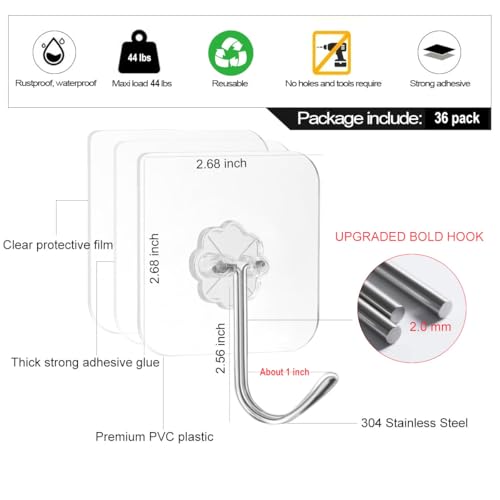ZESLMG Adhesive Wall Hooks No Damage for Hanging, 36 Pack Large Self Sticky Hooks Heavy Duty 44lb Removable, Clear Hook for Shower Towel Coat Key Picture Wreath Outdoor Bathroom Kitchen, Waterproof - size: 36 Upgraded Large Hook